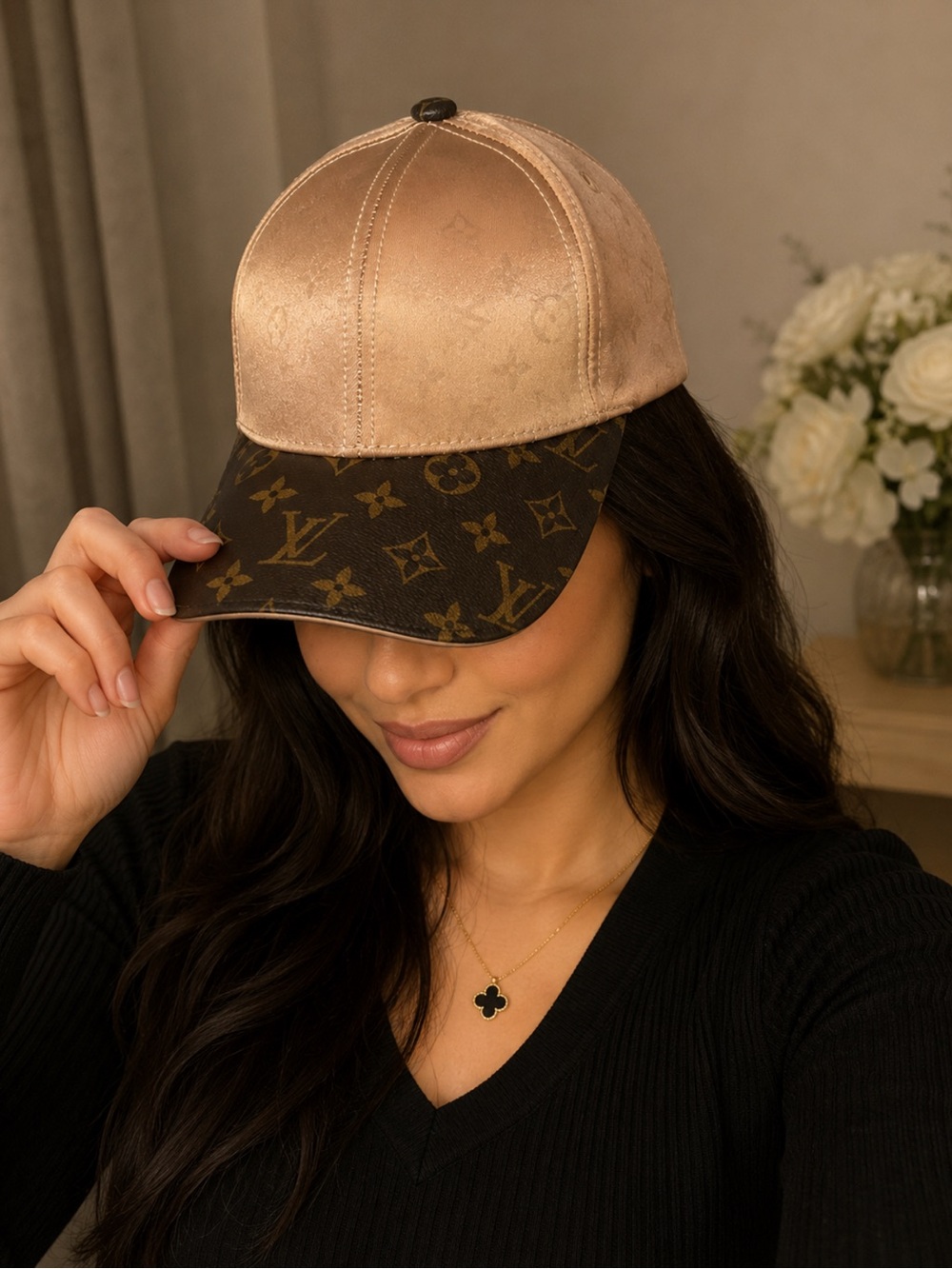 Lv Brown mono -Inspired Satin and Monogram Baseball Cap - Rose Gold
